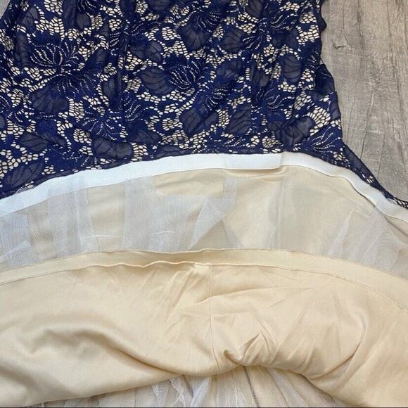 B.DARLIN Nude Tulle Formal Dress Sapphire Blue Lace Overlay Fringe Hem - Picture 10 of 10